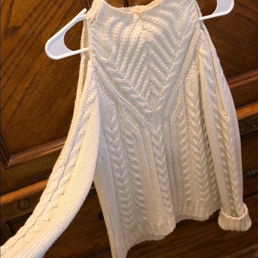 white chunky sweater with open shoulders